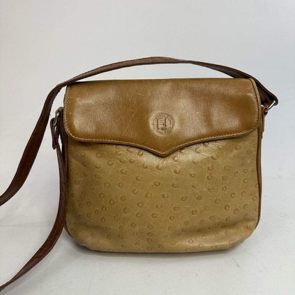 Vintage Fendi Ostrich Embossed Leather Shoulder Bag